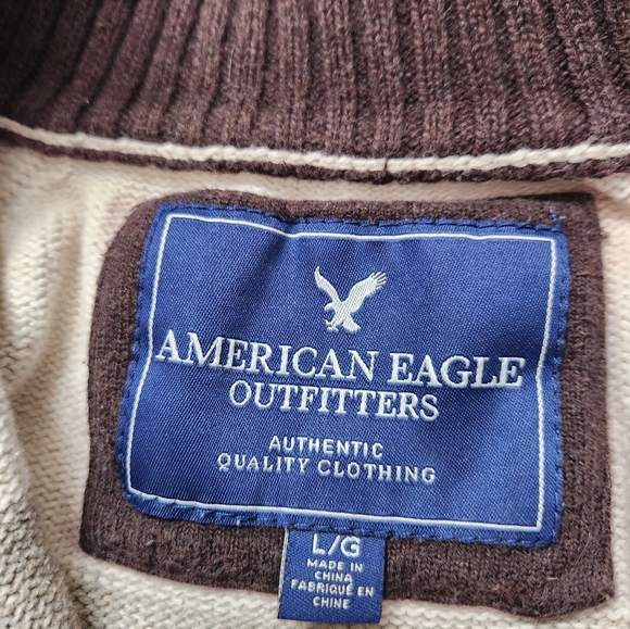 American Eagle Heavyweight 1/4 Zip Sweater Creme Gray Stripe Knit High Neck Sz L - Picture 7 of 13